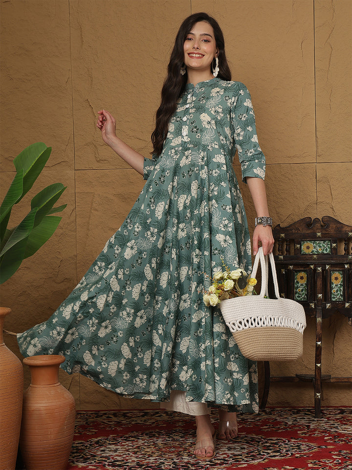 Women Cotton Printed Ankle Length Three-Quarter Sleeves Mandarin Neck Anarkali Kurta