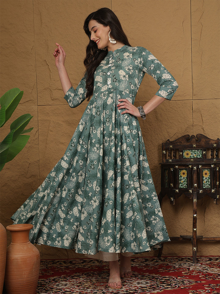 Women Cotton Printed Ankle Length Three-Quarter Sleeves Mandarin Neck Anarkali Kurta