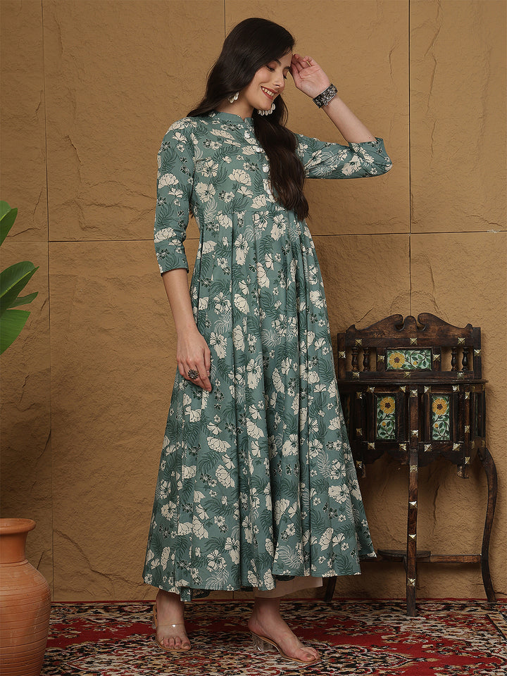 Women Cotton Printed Ankle Length Three-Quarter Sleeves Mandarin Neck Anarkali Kurta