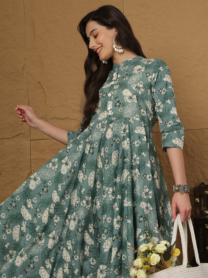 Women Cotton Printed Ankle Length Three-Quarter Sleeves Mandarin Neck Anarkali Kurta