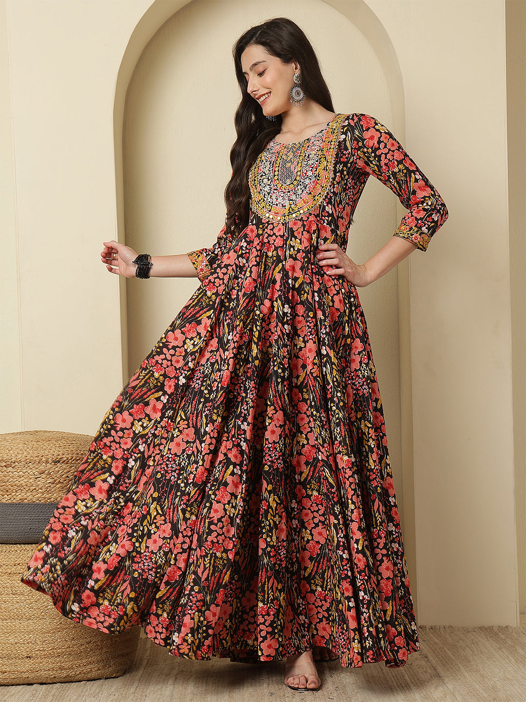 Women Embraided Rayon Printed Ankle Length Three-Quarter Sleeves Round Neck Tiered Kurta