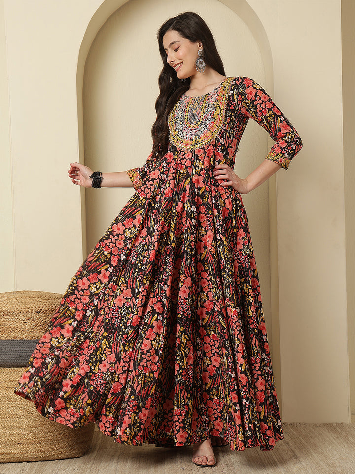 Women Embraided Rayon Printed Ankle Length Three-Quarter Sleeves Round Neck Tiered Kurta
