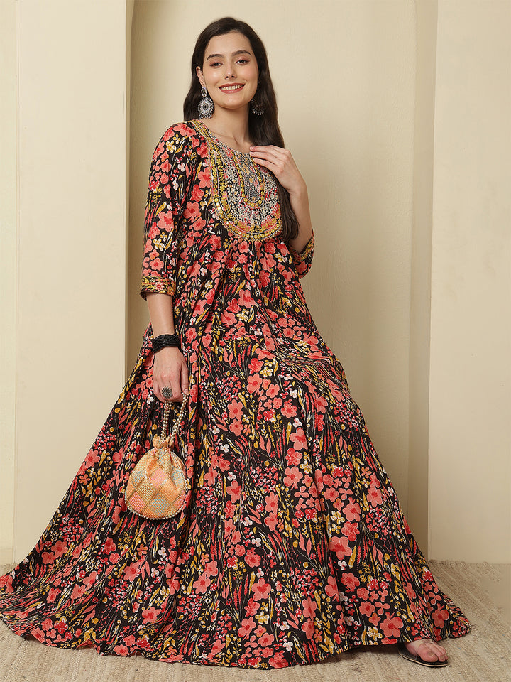 Women Embraided Rayon Printed Ankle Length Three-Quarter Sleeves Round Neck Tiered Kurta