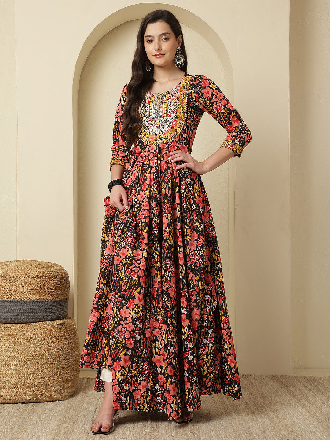 Women Embraided Rayon Printed Ankle Length Three-Quarter Sleeves Round Neck Tiered Kurta