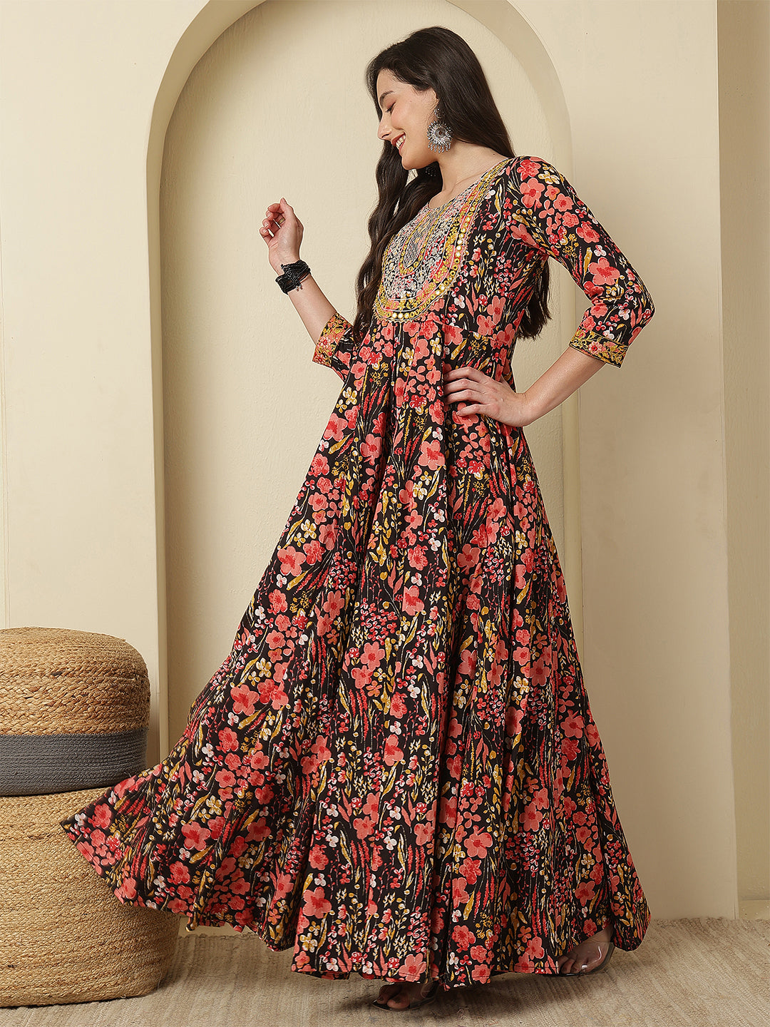 Women Embraided Rayon Printed Ankle Length Three-Quarter Sleeves Round Neck Tiered Kurta