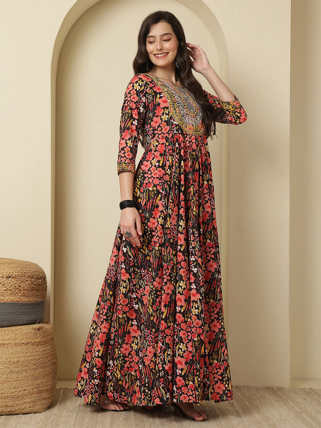 Women Embraided Rayon Printed Ankle Length Three-Quarter Sleeves Round Neck Tiered Kurta