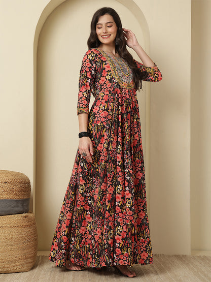 Women Embraided Rayon Printed Ankle Length Three-Quarter Sleeves Round Neck Tiered Kurta
