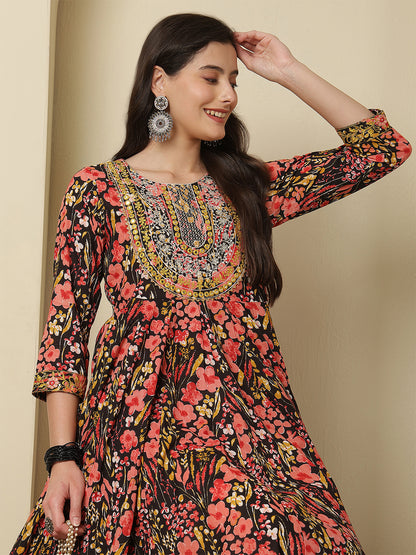 Women Embraided Rayon Printed Ankle Length Three-Quarter Sleeves Round Neck Tiered Kurta