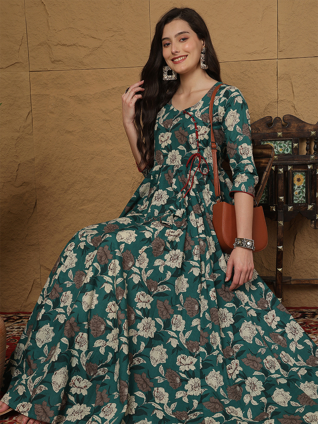 Women Cotton Printed Ankle Length Three-Quarter Sleeves Round Neck Anarkali Kurta