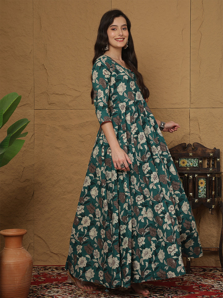 Women Cotton Printed Ankle Length Three-Quarter Sleeves Round Neck Anarkali Kurta