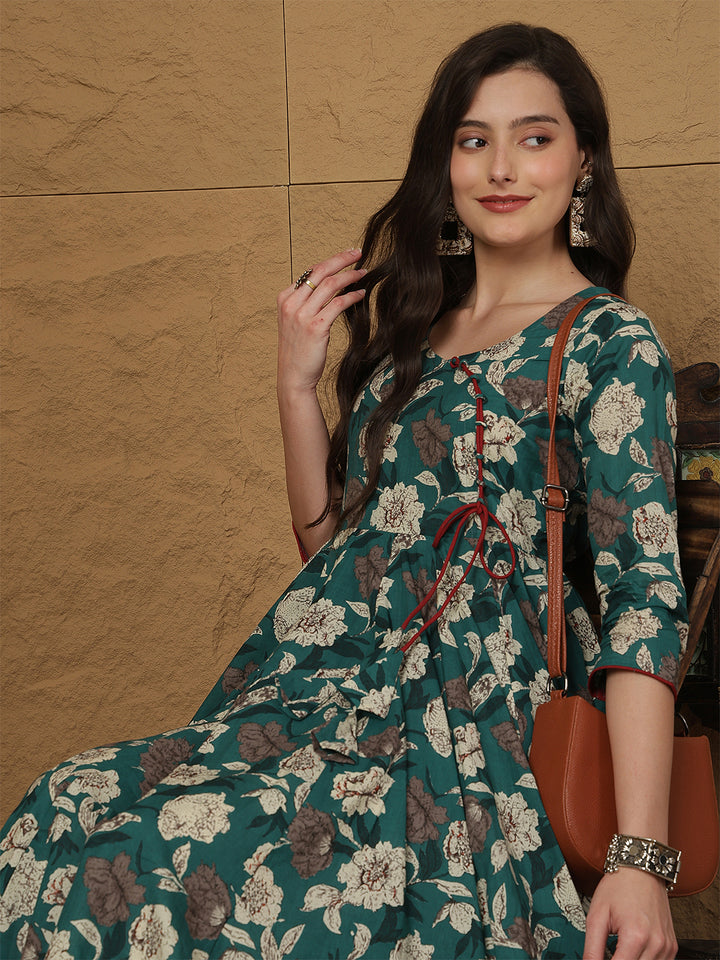 Women Cotton Printed Ankle Length Three-Quarter Sleeves Round Neck Anarkali Kurta