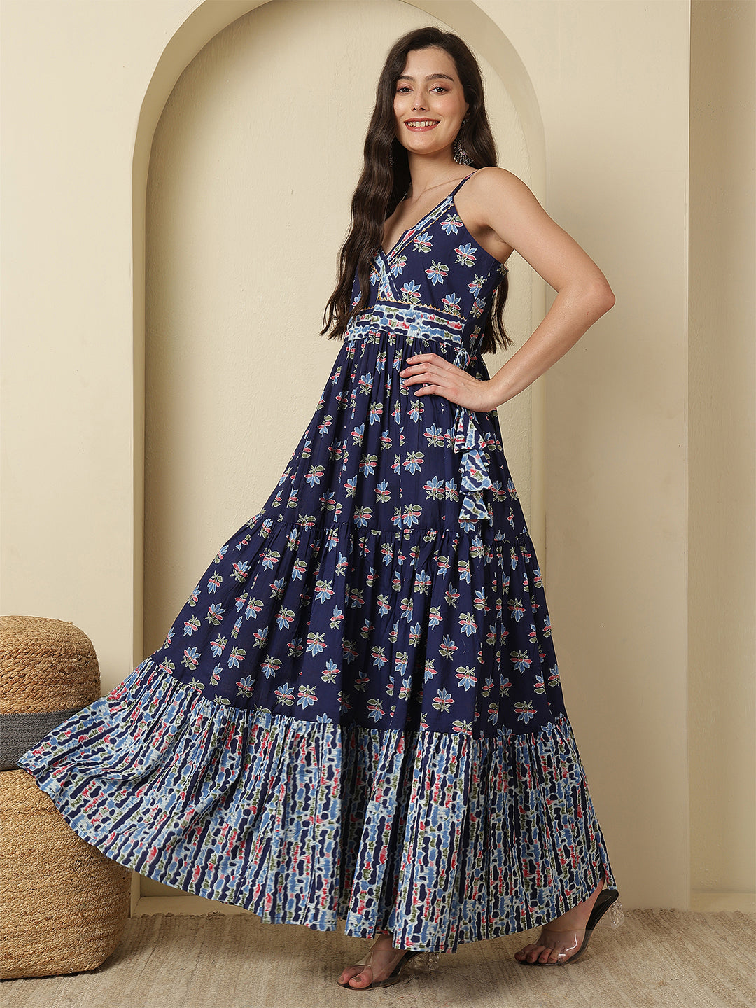 Women Rayon Printed Ankle Length Sleeveless V-Neck Angrakha Tiered Kurta