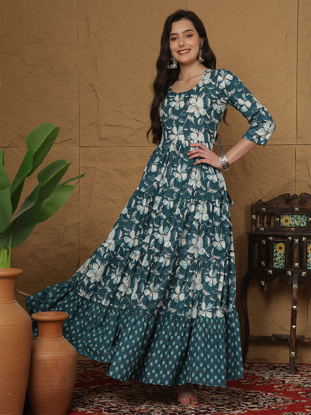 Women Rayon Printed Ankle Length Three-Quarter Sleeves Round Neck Tiered Kurta