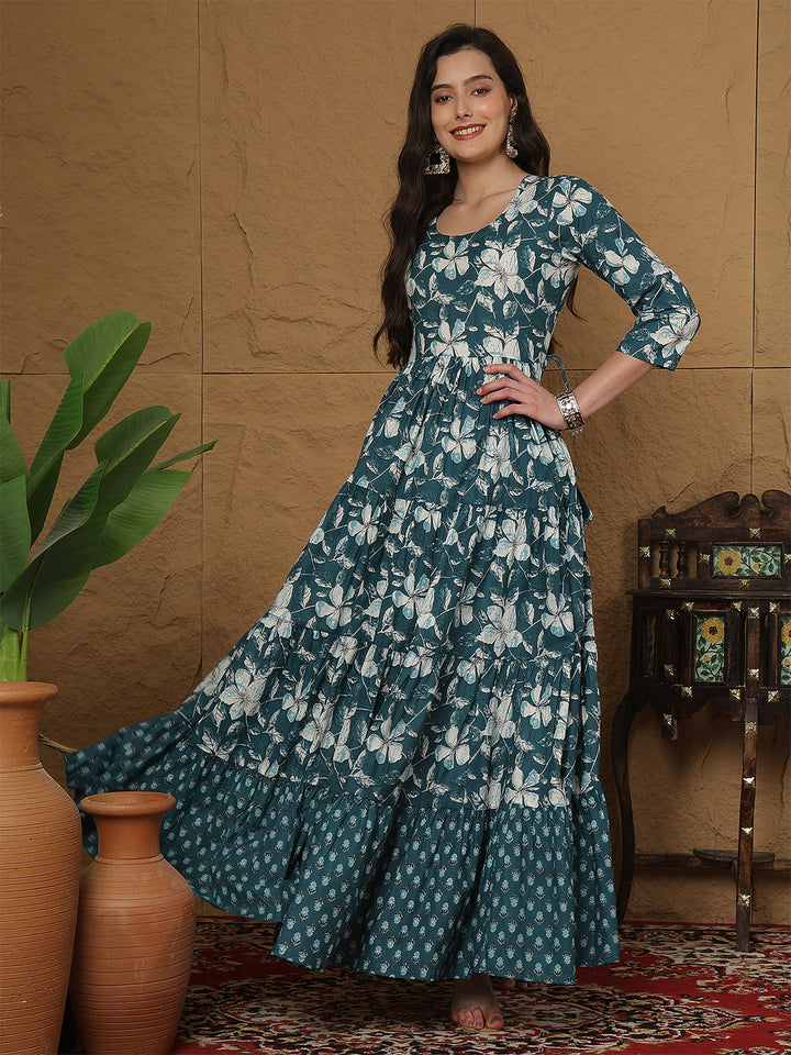 Women Rayon Printed Ankle Length Three-Quarter Sleeves Round Neck Tiered Kurta