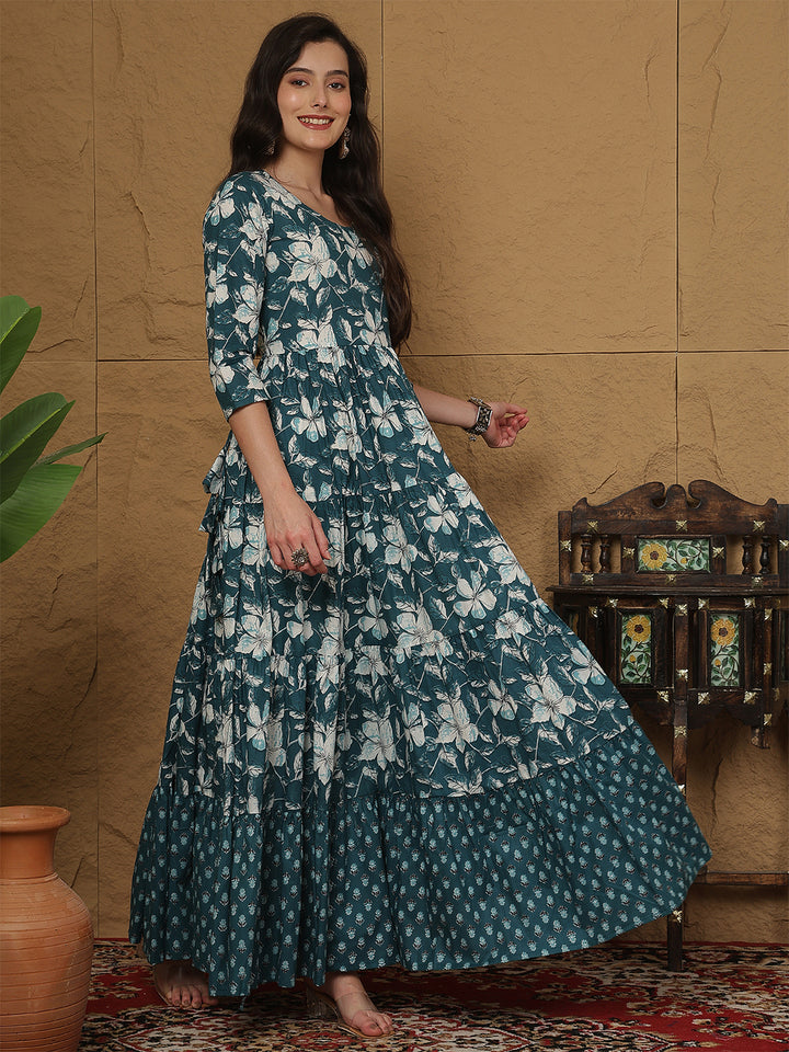 Women Rayon Printed Ankle Length Three-Quarter Sleeves Round Neck Tiered Kurta