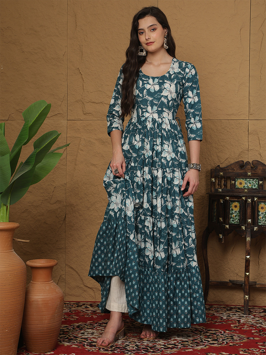 Women Rayon Printed Ankle Length Three-Quarter Sleeves Round Neck Tiered Kurta