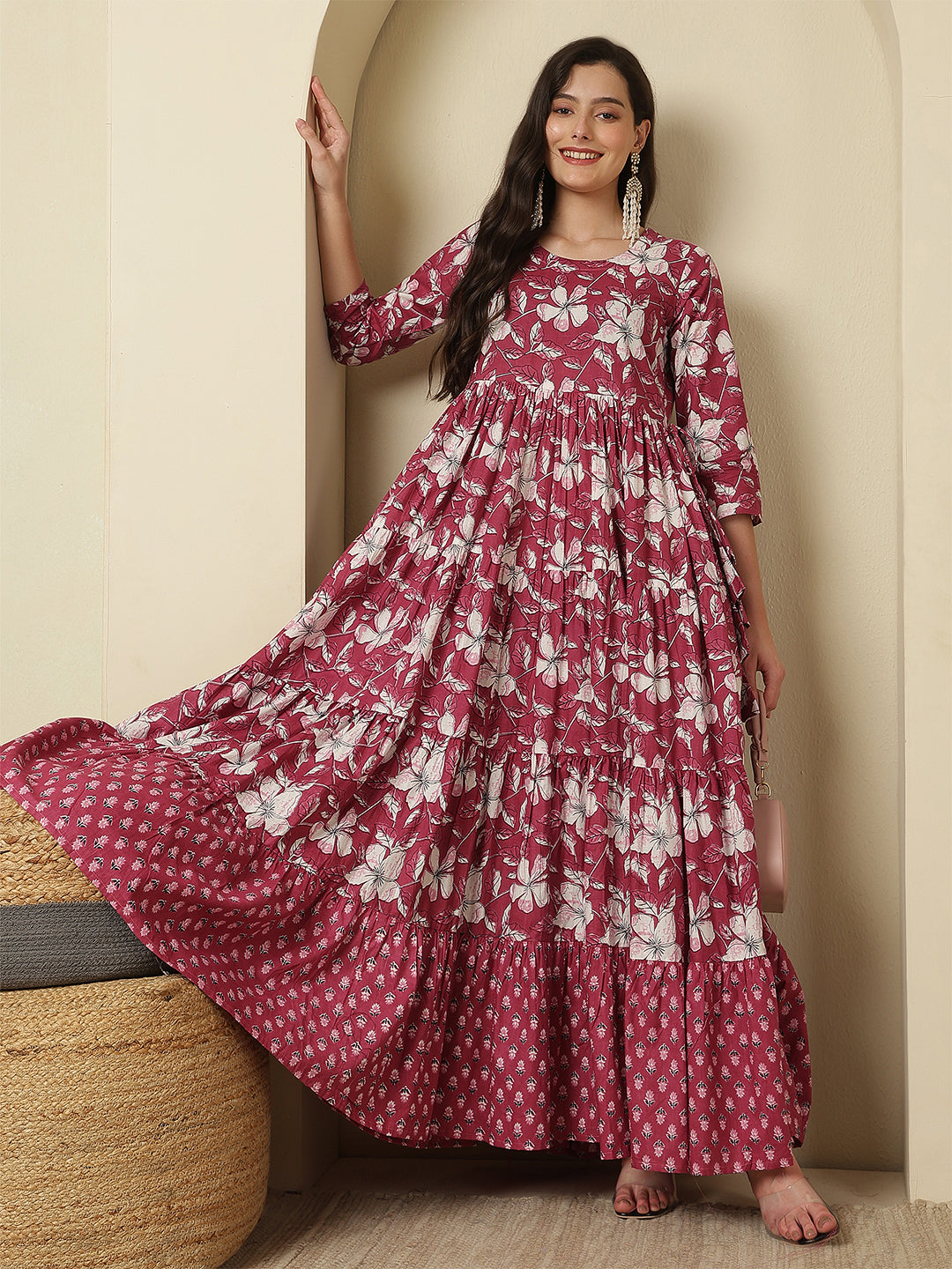 Women Rayon Printed Ankle Length Three-Quarter Sleeves Round Neck Tiered Kurta