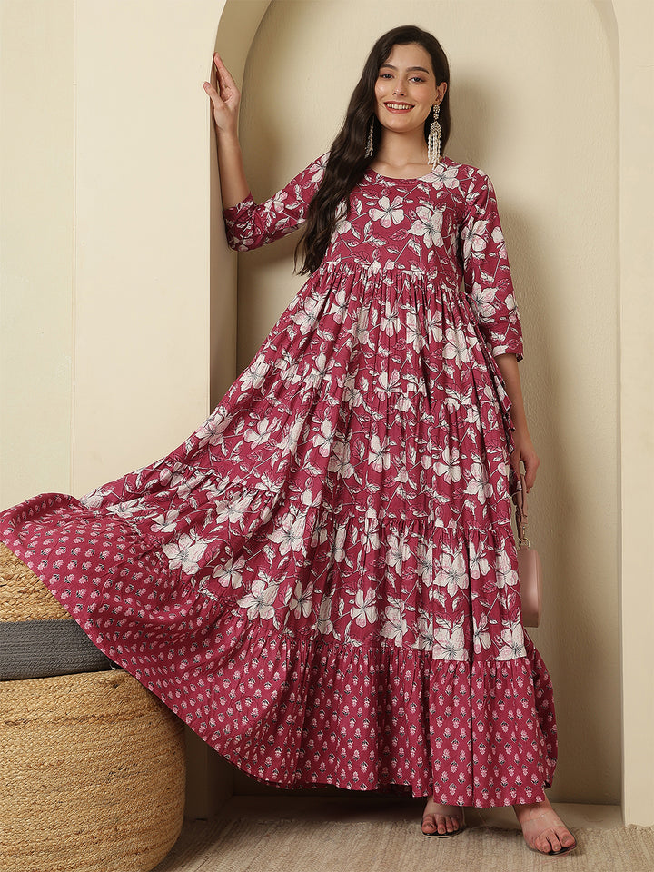 Women Rayon Printed Ankle Length Three-Quarter Sleeves Round Neck Tiered Kurta