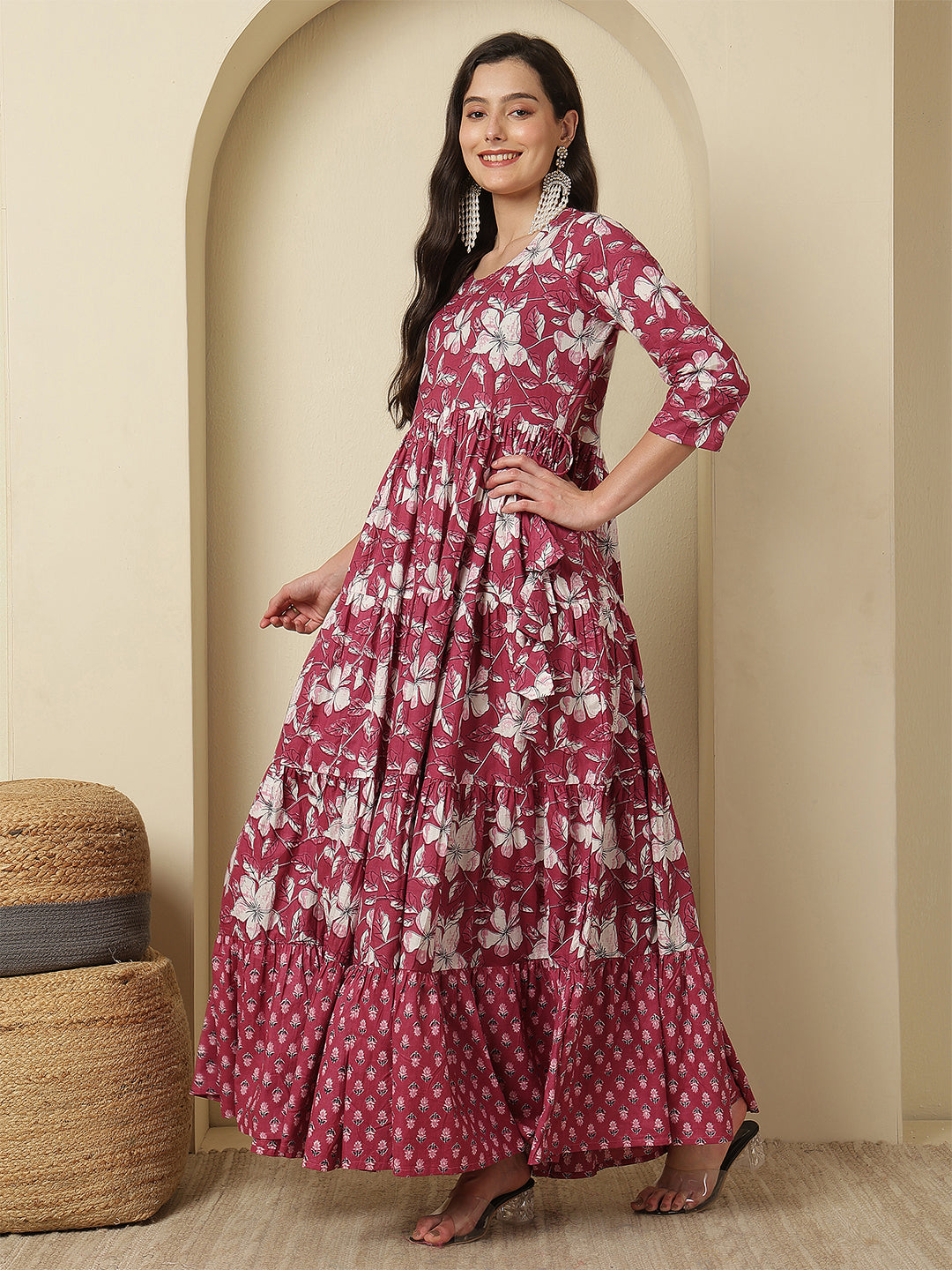 Women Rayon Printed Ankle Length Three-Quarter Sleeves Round Neck Tiered Kurta