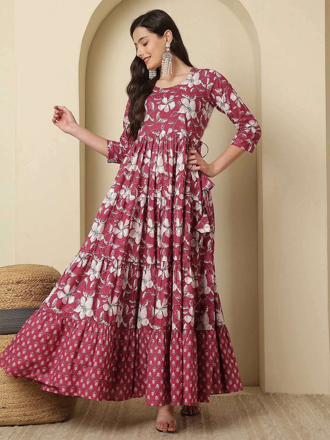 Women Rayon Printed Ankle Length Three-Quarter Sleeves Round Neck Tiered Kurta
