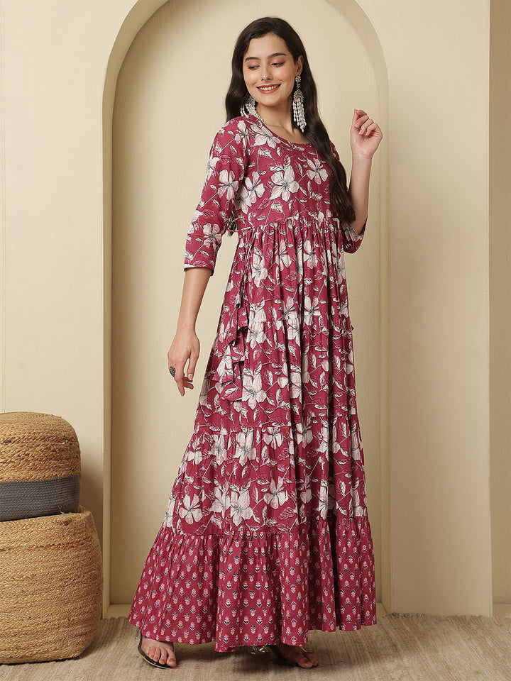 Women Rayon Printed Ankle Length Three-Quarter Sleeves Round Neck Tiered Kurta