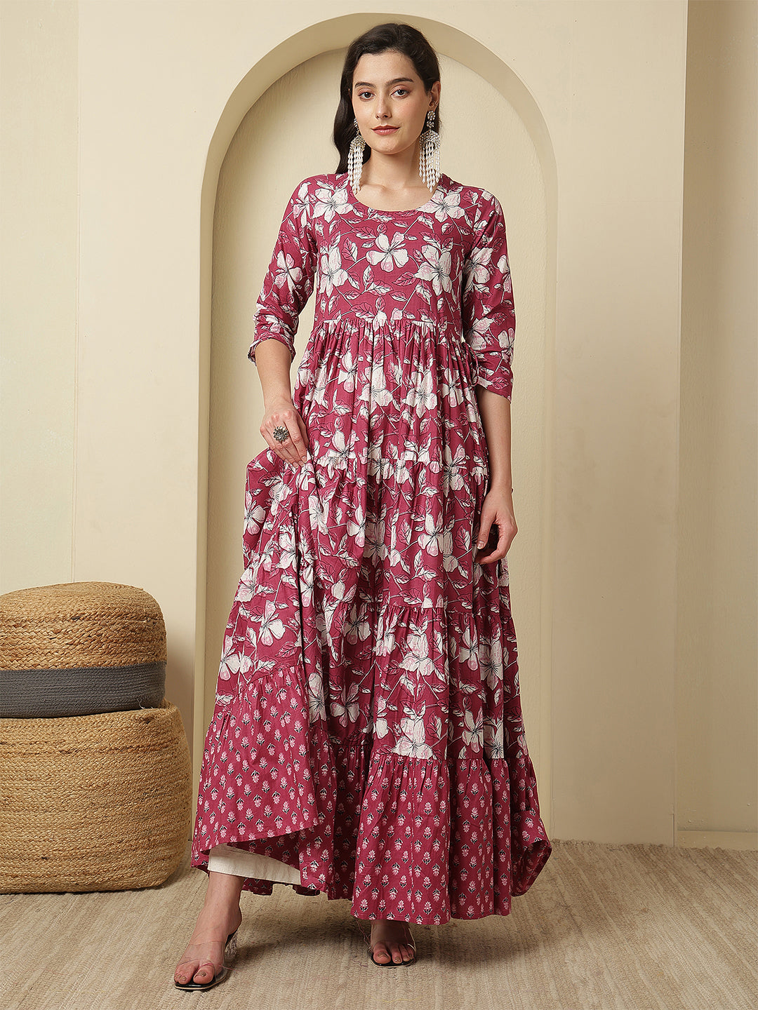 Women Rayon Printed Ankle Length Three-Quarter Sleeves Round Neck Tiered Kurta