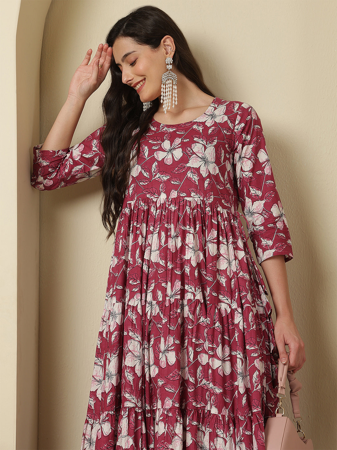 Women Rayon Printed Ankle Length Three-Quarter Sleeves Round Neck Tiered Kurta