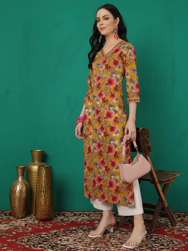 Women Cotton Printed Calf Length Three-Quarter Sleeves V-Neck Straight Kurta