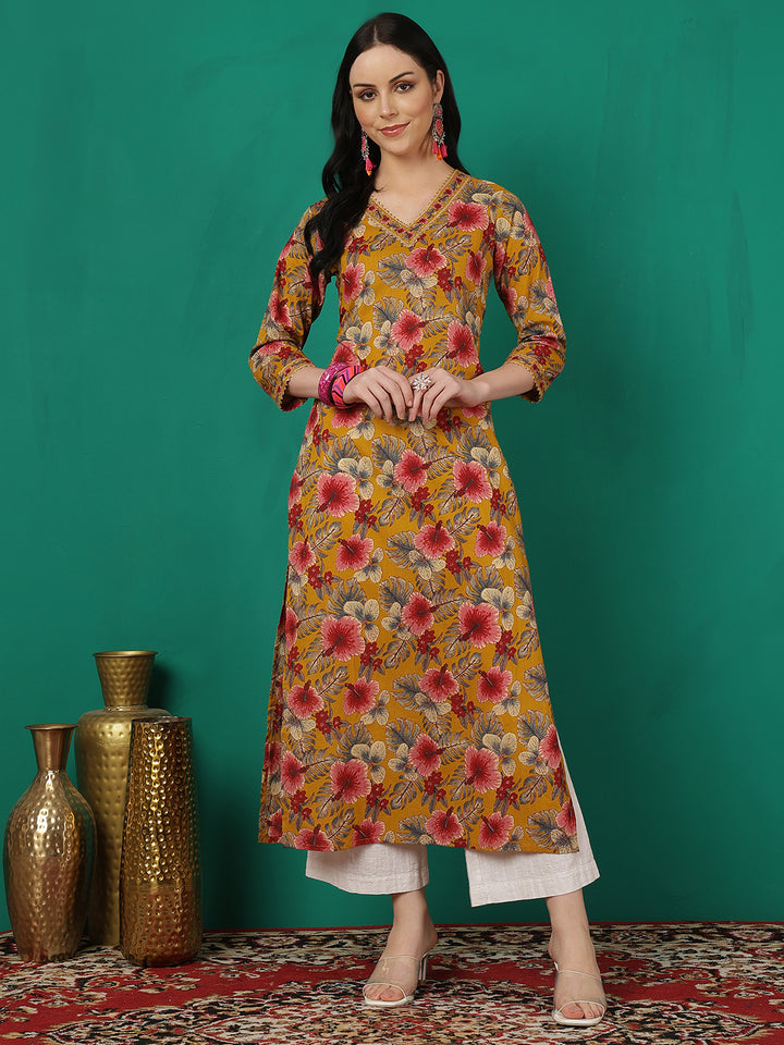 Women Cotton Printed Calf Length Three-Quarter Sleeves V-Neck Straight Kurta