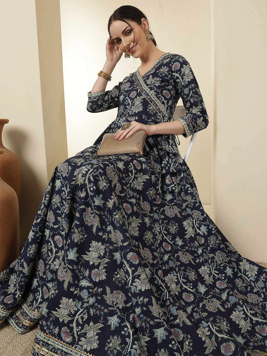 Women Rayon Printed Ankle Length Three-Quarter Sleeves V-Neck Angrakha Anarkali Kurta