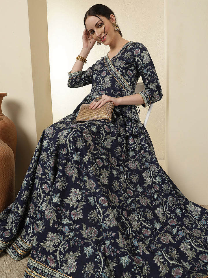 Women Rayon Printed Ankle Length Three-Quarter Sleeves V-Neck Angrakha Anarkali Kurta