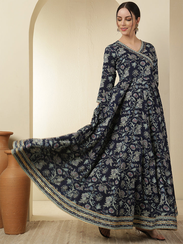 Women Rayon Printed Ankle Length Three-Quarter Sleeves V-Neck Angrakha Anarkali Kurta