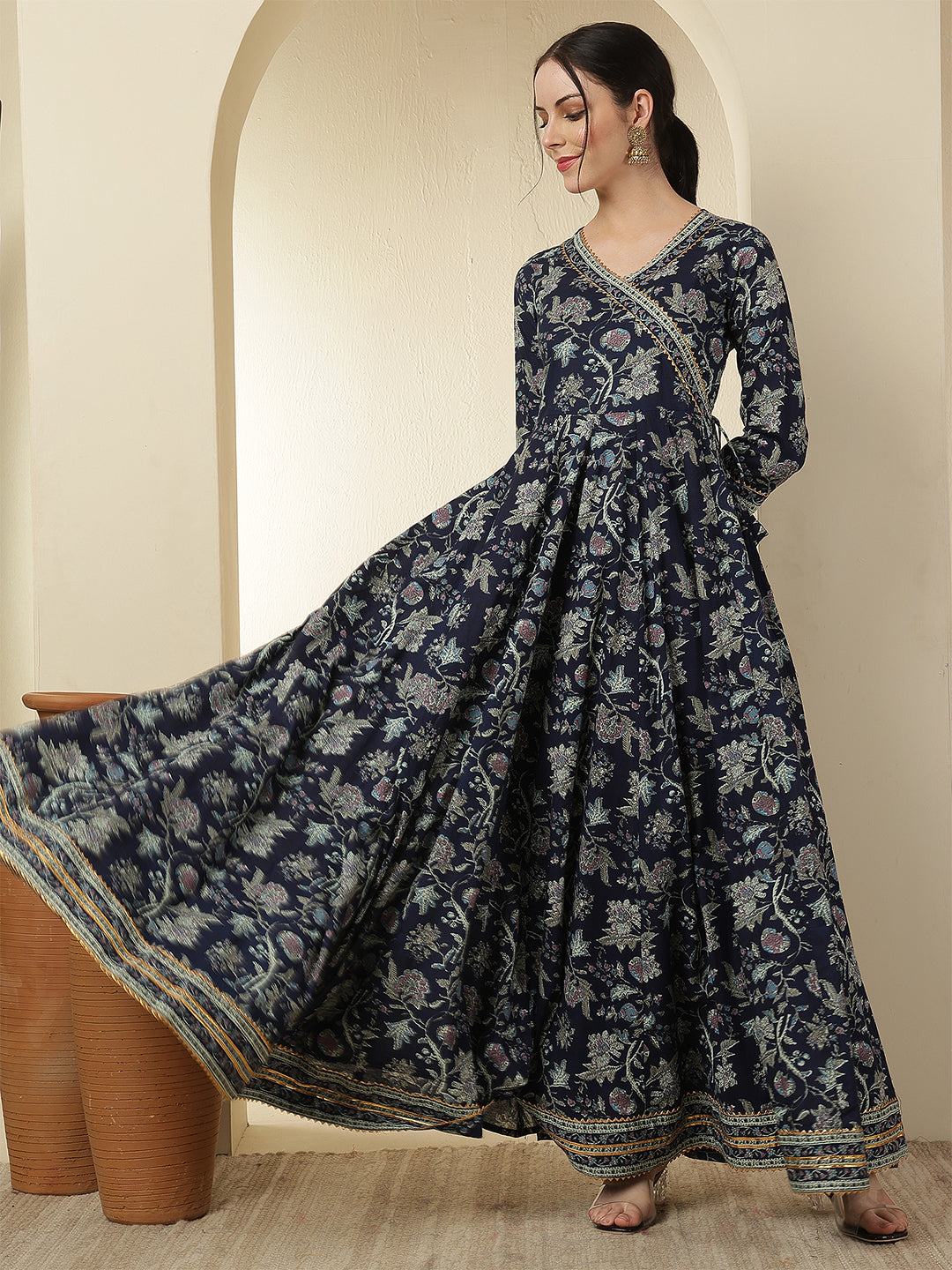 Women Rayon Printed Ankle Length Three-Quarter Sleeves V-Neck Angrakha Anarkali Kurta