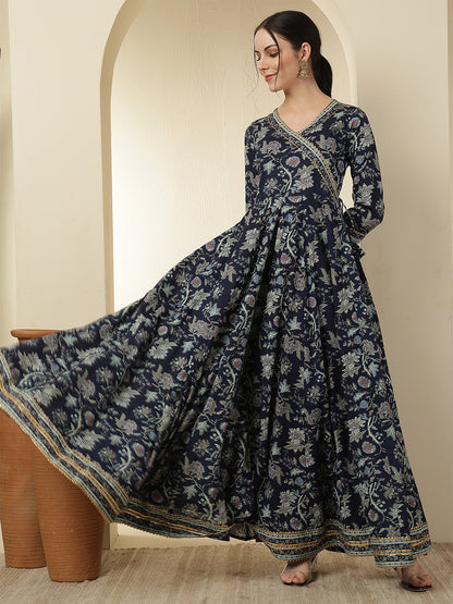 Women Rayon Printed Ankle Length Three-Quarter Sleeves V-Neck Angrakha Anarkali Kurta