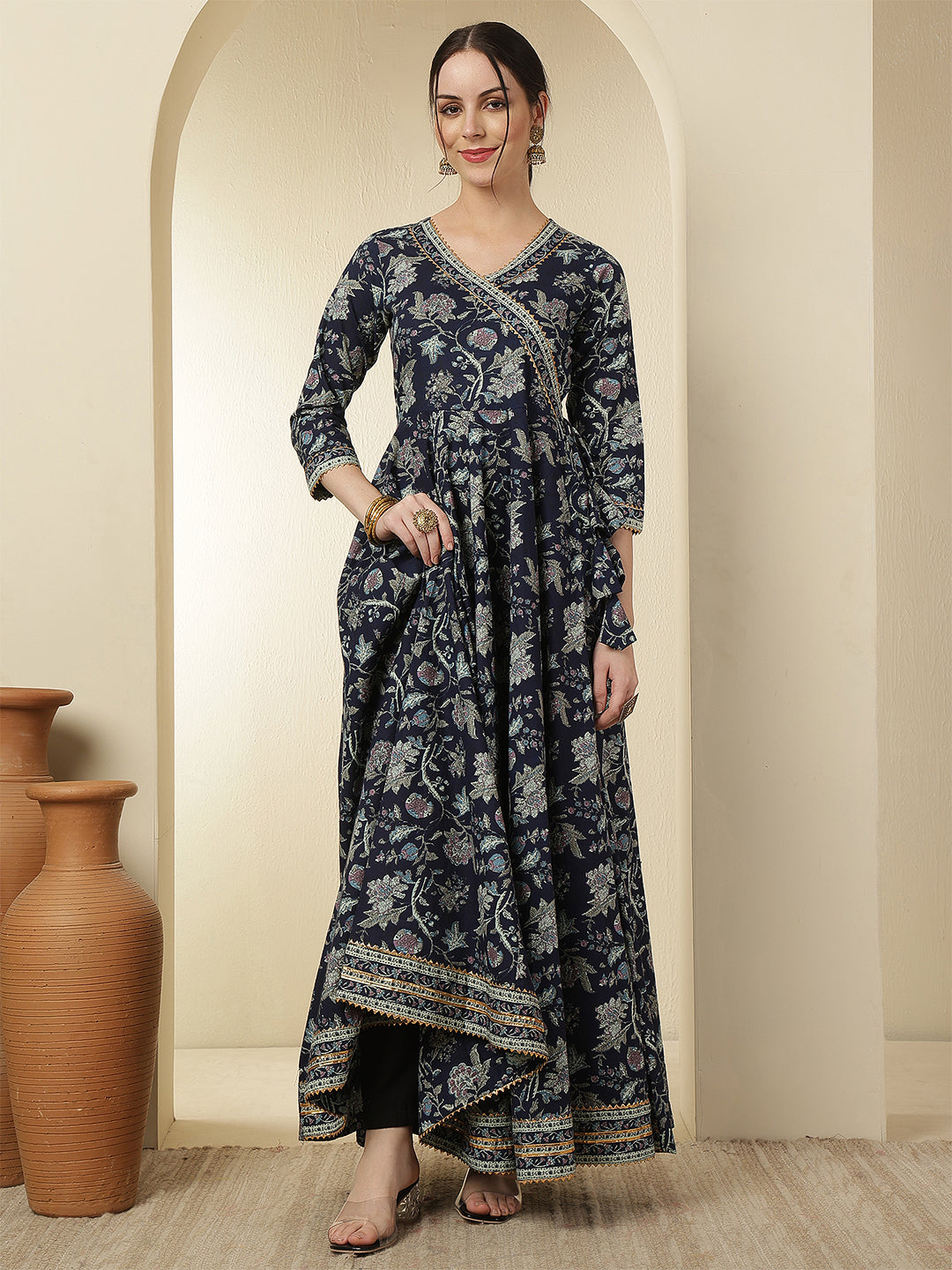 Women Rayon Printed Ankle Length Three-Quarter Sleeves V-Neck Angrakha Anarkali Kurta