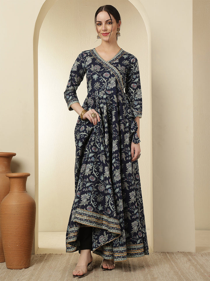Women Rayon Printed Ankle Length Three-Quarter Sleeves V-Neck Angrakha Anarkali Kurta