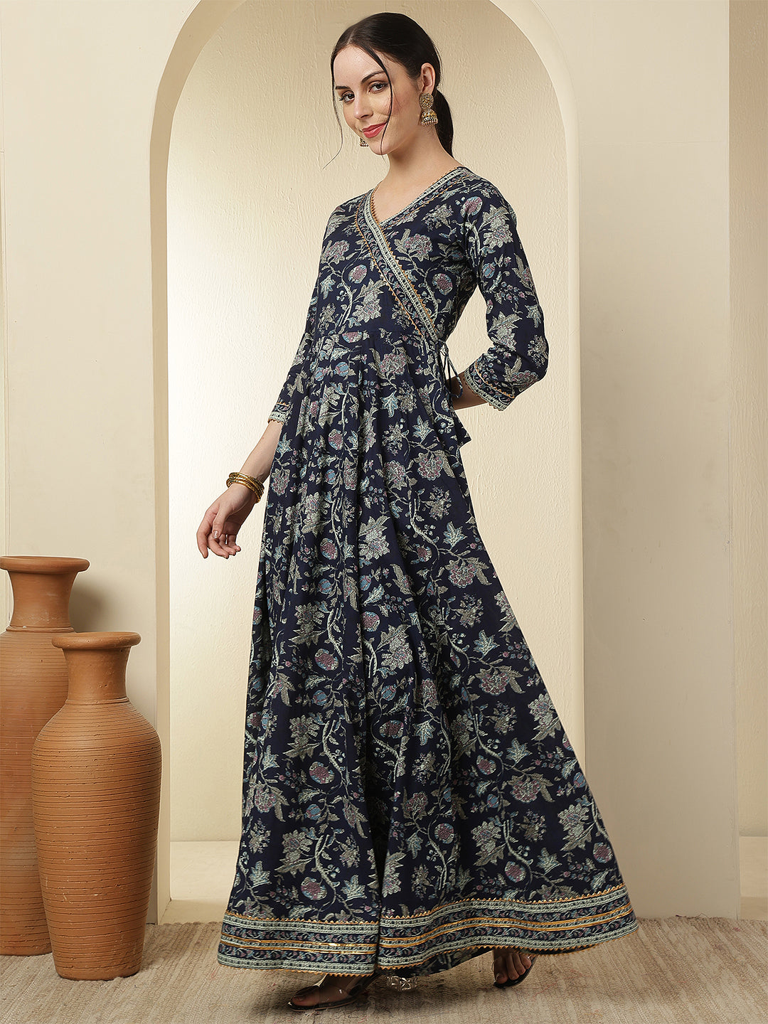 Women Rayon Printed Ankle Length Three-Quarter Sleeves V-Neck Angrakha Anarkali Kurta