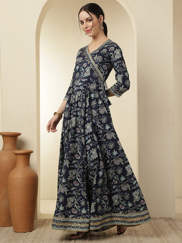 Women Rayon Printed Ankle Length Three-Quarter Sleeves V-Neck Angrakha Anarkali Kurta