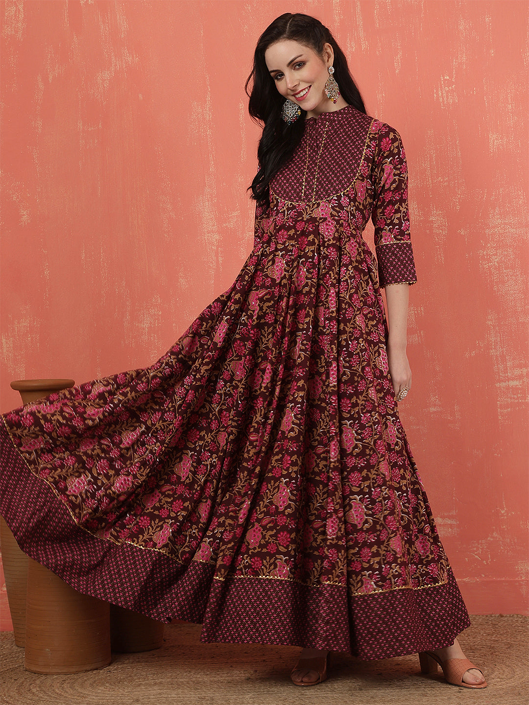 Women Rayon Printed Ankle Length Three-Quarter Sleeves Mandarin Neck Anarkali Kurta