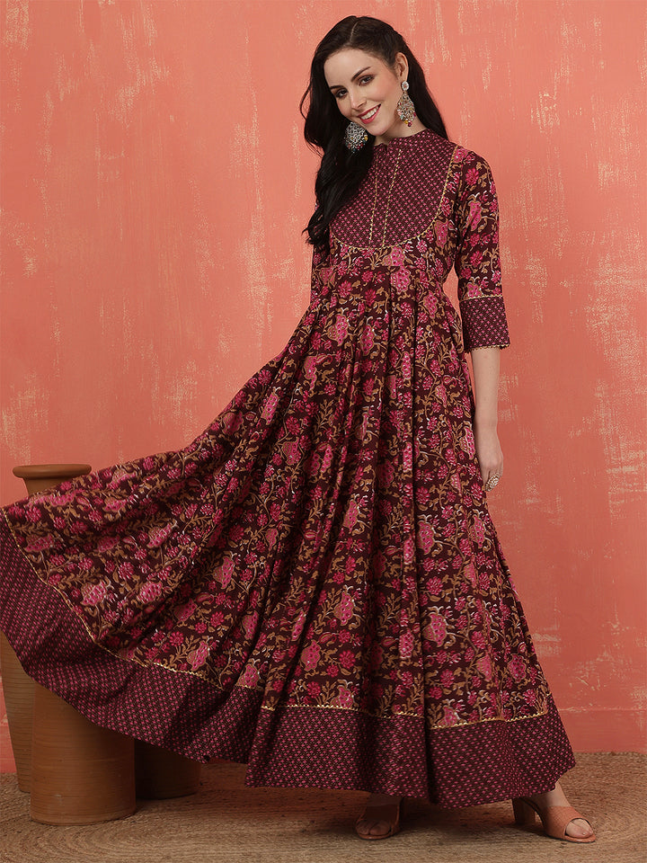 Women Rayon Printed Ankle Length Three-Quarter Sleeves Mandarin Neck Anarkali Kurta
