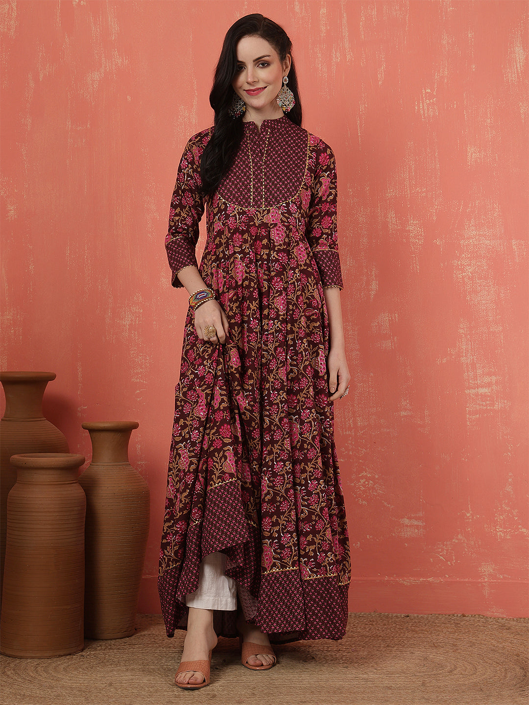 Women Rayon Printed Ankle Length Three-Quarter Sleeves Mandarin Neck Anarkali Kurta