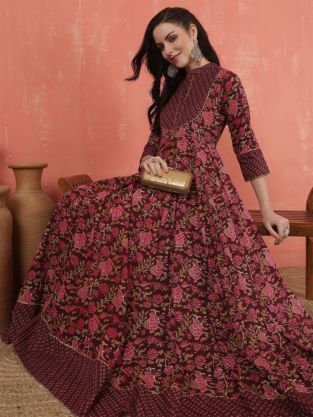 Women Rayon Printed Ankle Length Three-Quarter Sleeves Mandarin Neck Anarkali Kurta