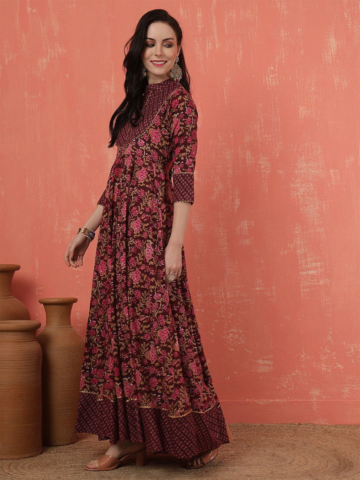 Women Rayon Printed Ankle Length Three-Quarter Sleeves Mandarin Neck Anarkali Kurta