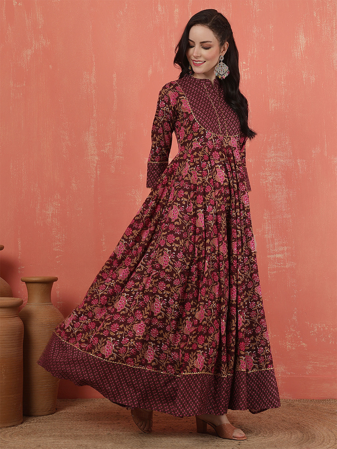 Women Rayon Printed Ankle Length Three-Quarter Sleeves Mandarin Neck Anarkali Kurta