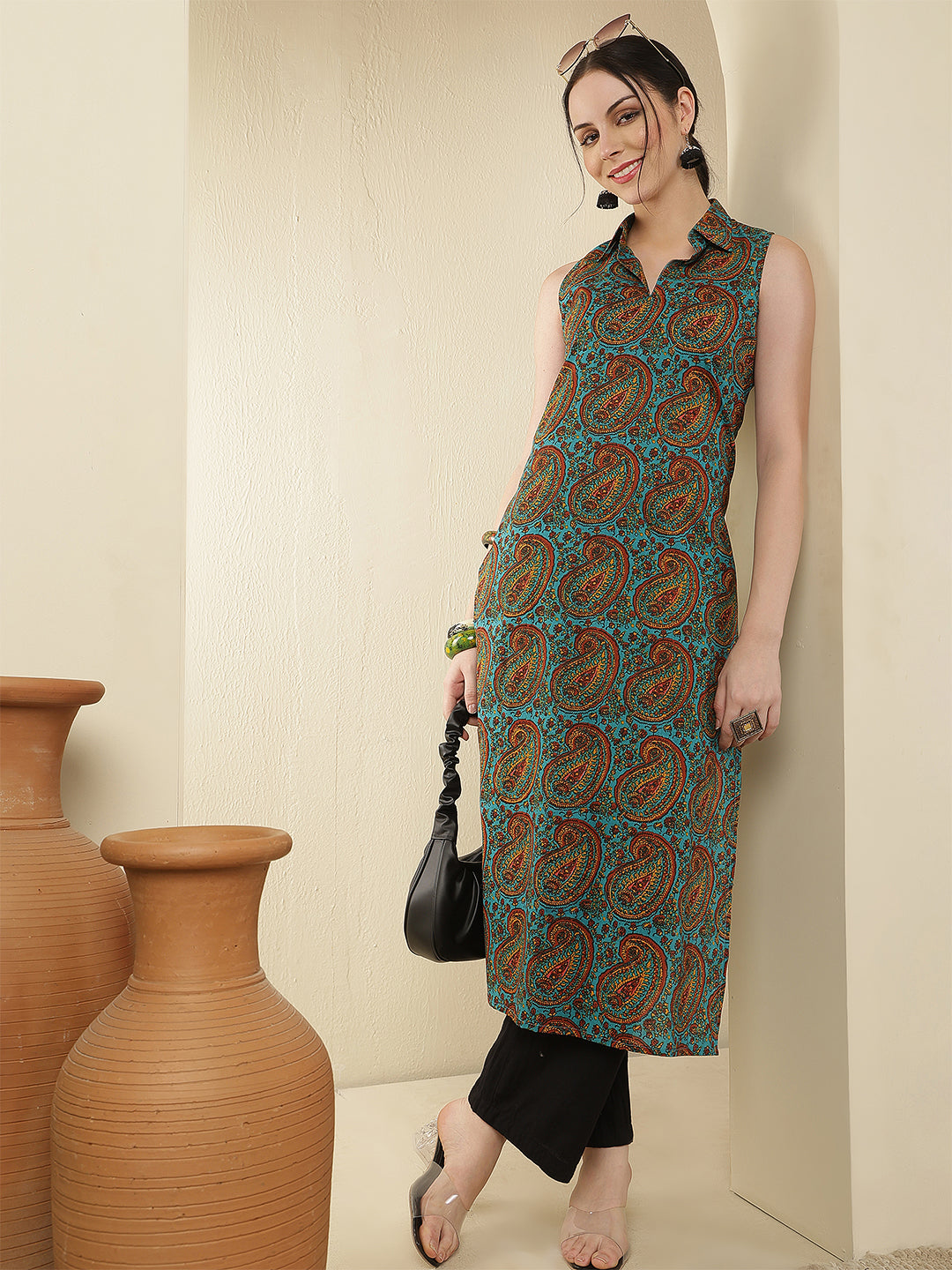 Women Rayon Printed Calf Length Sleeveless Shirt Collar Straight Kurta