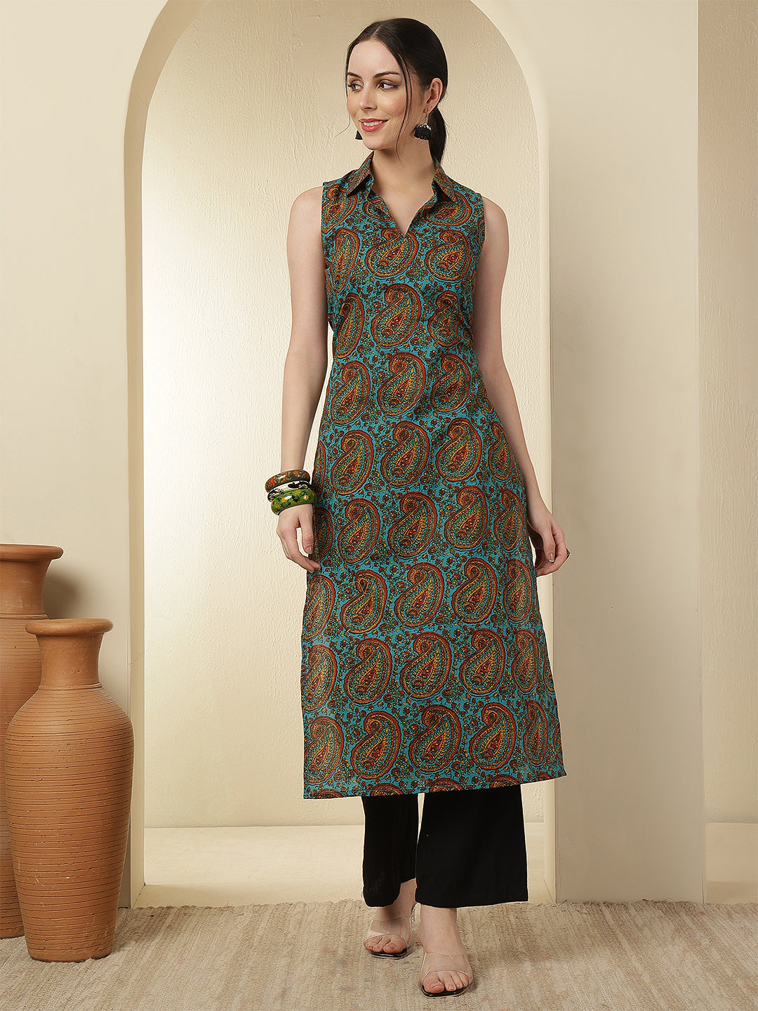 Women Rayon Printed Calf Length Sleeveless Shirt Collar Straight Kurta