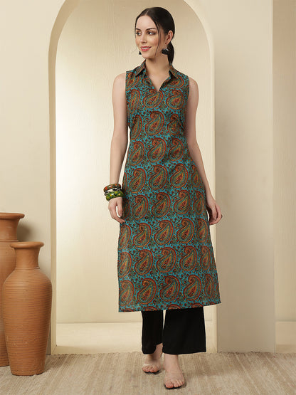 Women Rayon Printed Calf Length Sleeveless Shirt Collar Straight Kurta