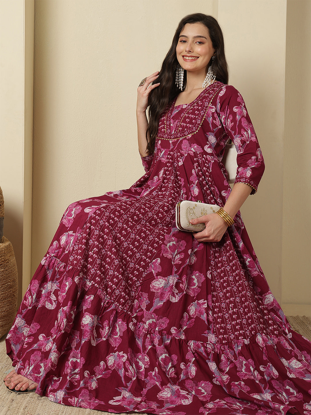 Women Cotton Printed Ankle Length Three-Quarter Sleeves V-Neck Anarkali Kurta