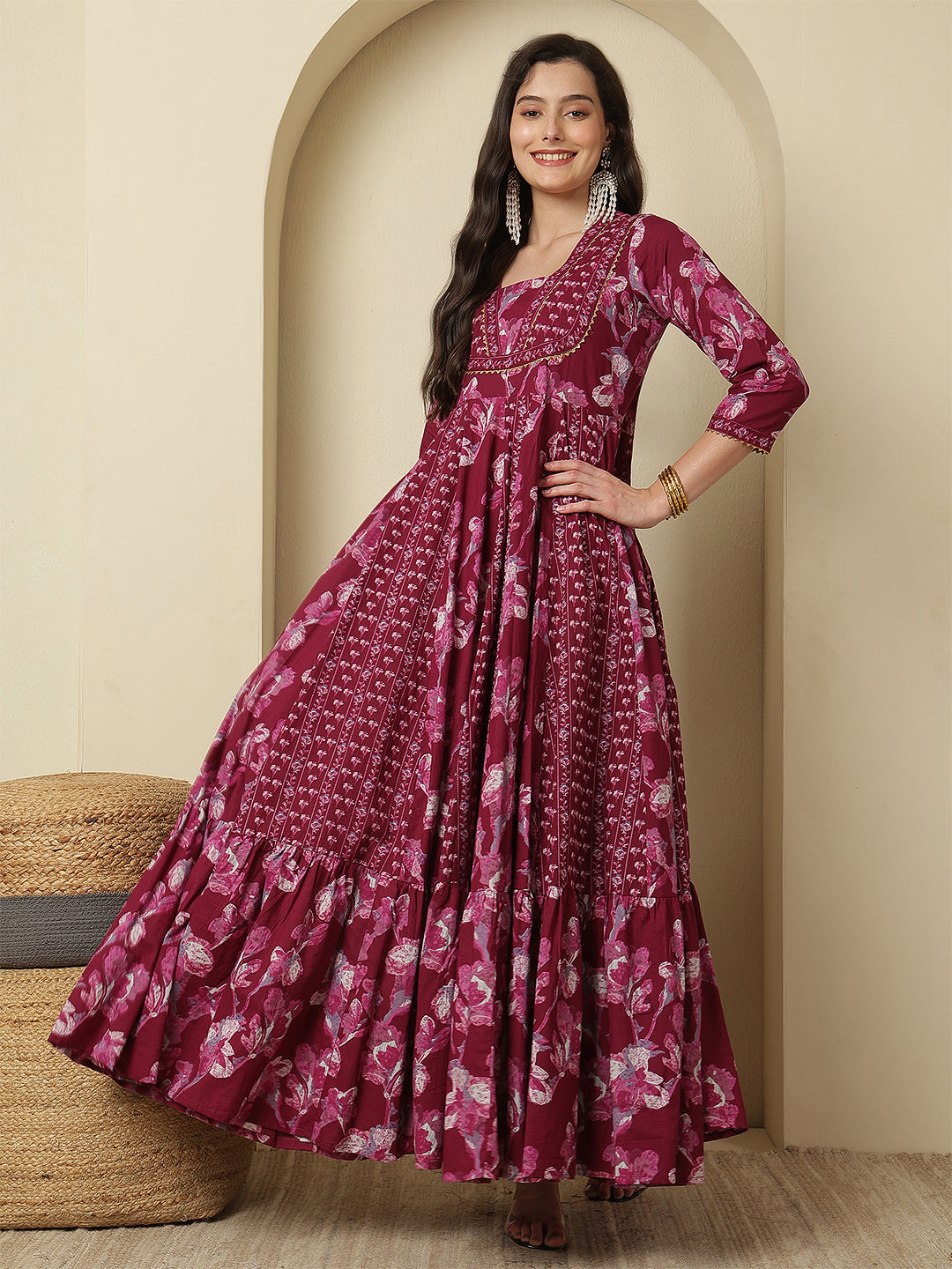 Women Cotton Printed Ankle Length Three-Quarter Sleeves V-Neck Anarkali Kurta