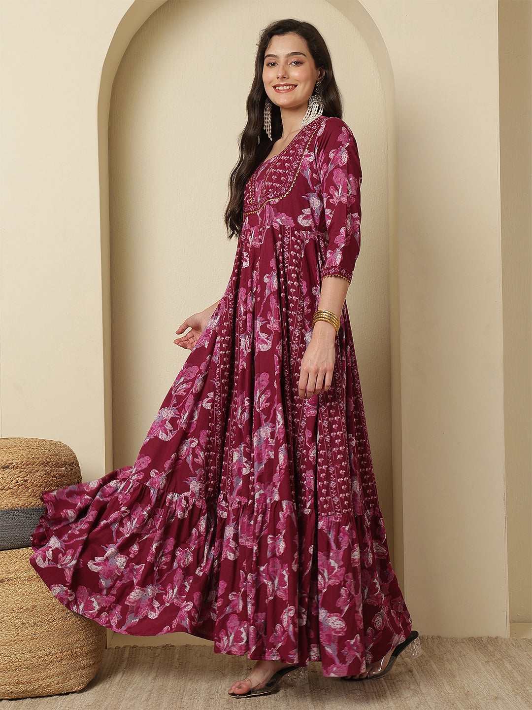 Women Cotton Printed Ankle Length Three-Quarter Sleeves V-Neck Anarkali Kurta